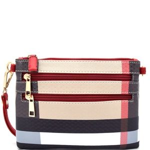 Plaid Multi Zip Pocket Cross Body Clutch - RED